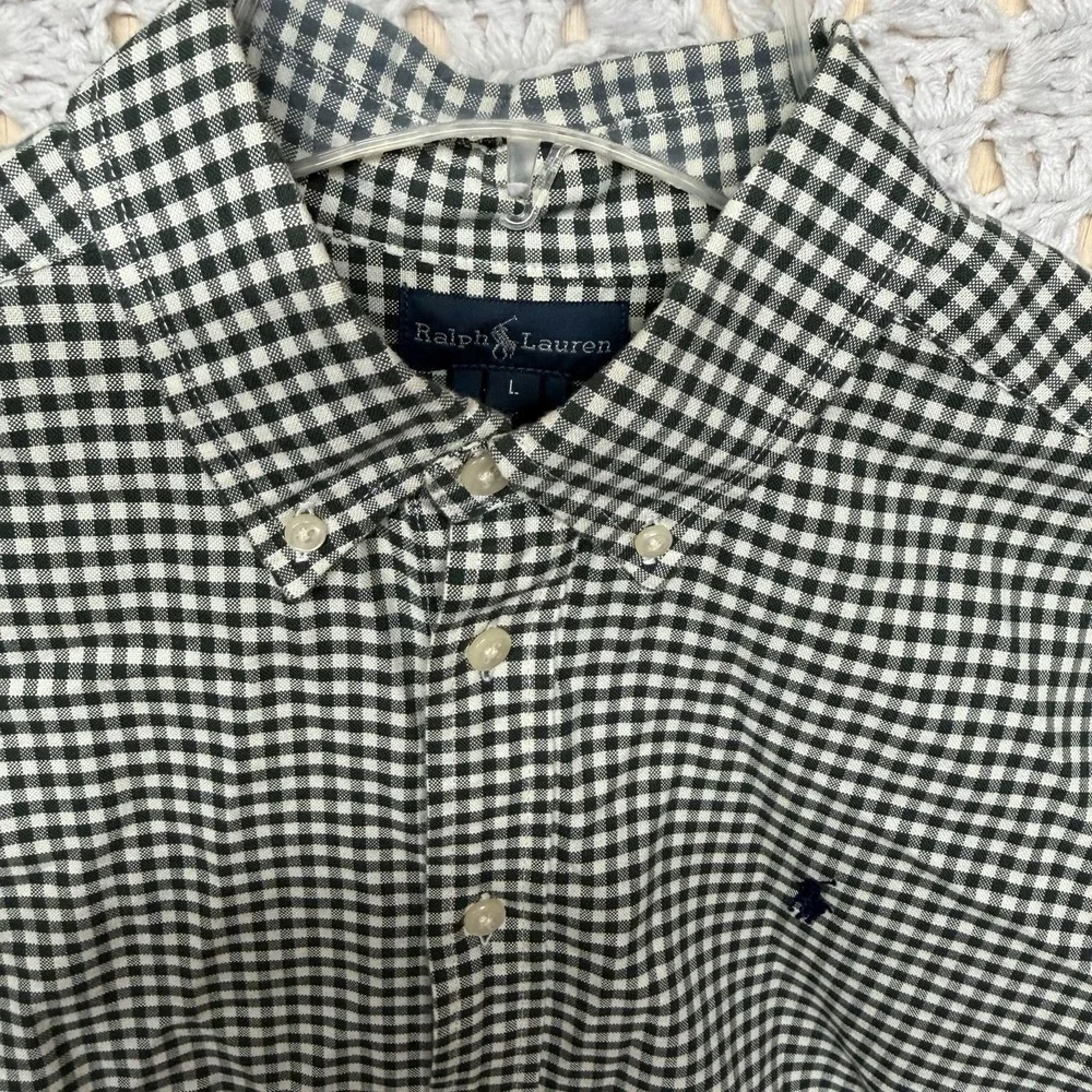 Ralph Lauren Boys Youth Shirt Sz L Olive Green Check Button-Down Long Slv Collar
